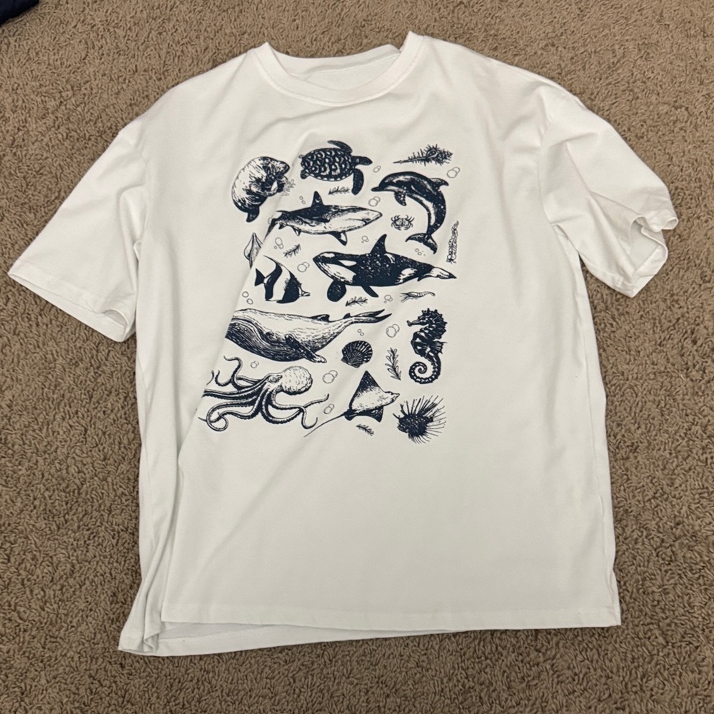 White T-Shirt with Marine Life Print